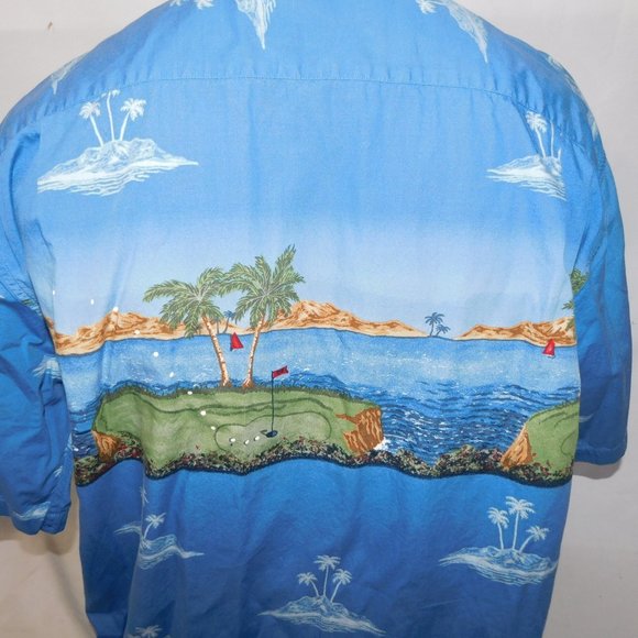 RETREAT Mens L  Island Golf Scene Blue Button Front Short Sleeve Shirt - Picture 12 of 13